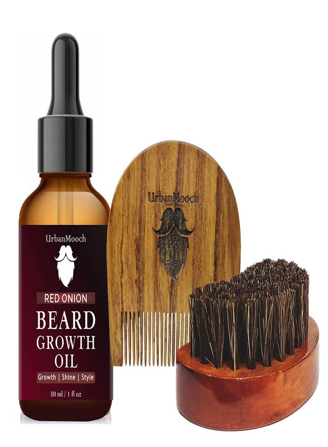 UrbanMooch | Beard Grooming Kit for Men | Onion Beard Oil Boar Bristle Brush U Shape Comb | Promotes Growth Nourishes Styles | 3-in-1 Set - Image 1